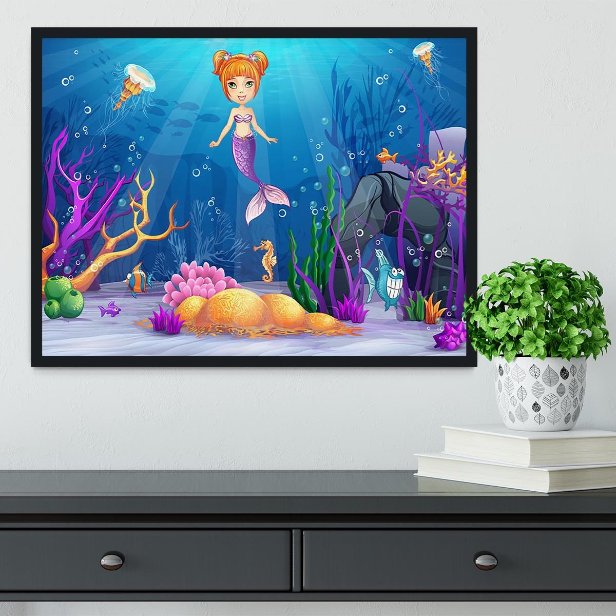 underwater world with a funny fish and a mermaid Framed Print - Canvas Art Rocks - 2