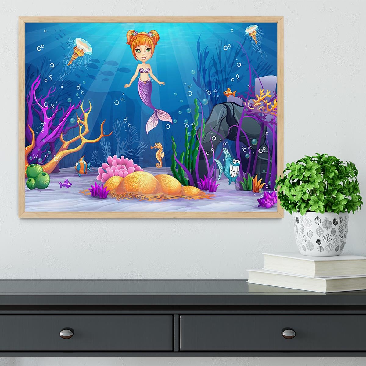 underwater world with a funny fish and a mermaid Framed Print - Canvas Art Rocks - 4