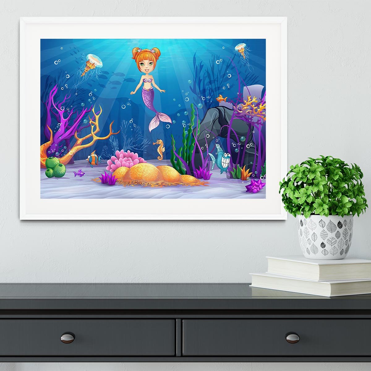 underwater world with a funny fish and a mermaid Framed Print - Canvas Art Rocks - 5