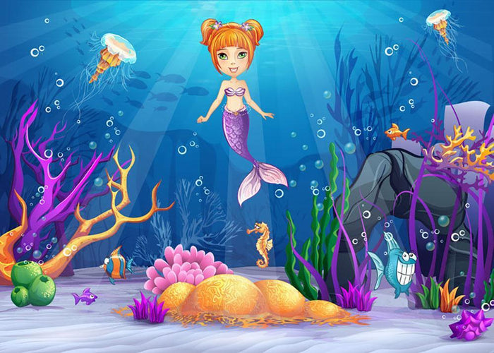 underwater world with a funny fish and a mermaid Wall Mural Wallpaper