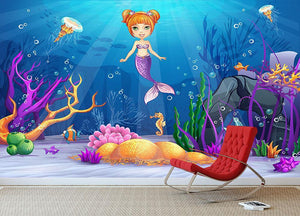 underwater world with a funny fish and a mermaid Wall Mural Wallpaper - Canvas Art Rocks - 3