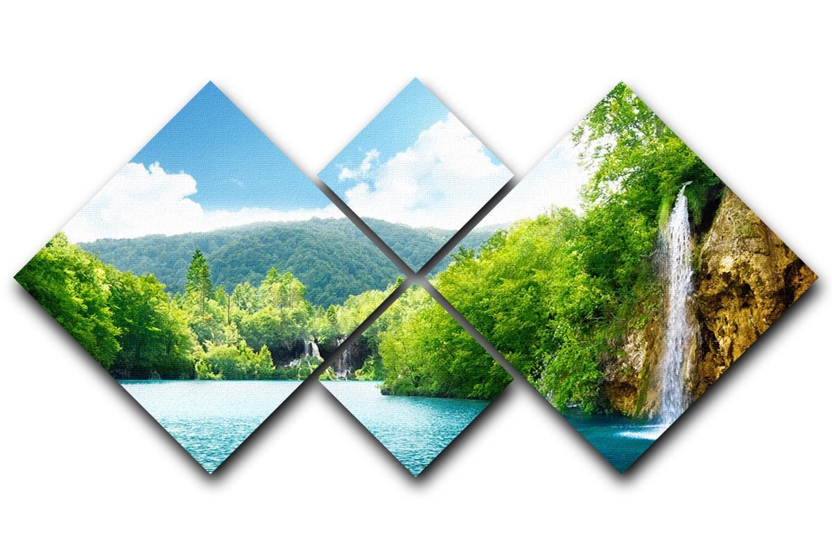 waterfall in deep forest 4 Square Multi Panel Canvas  - Canvas Art Rocks - 1