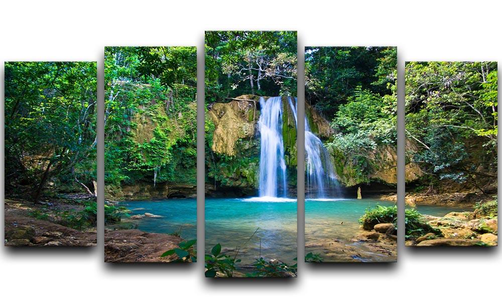 waterfall in deep green forest 5 Split Panel Canvas - Canvas Art Rocks - 1