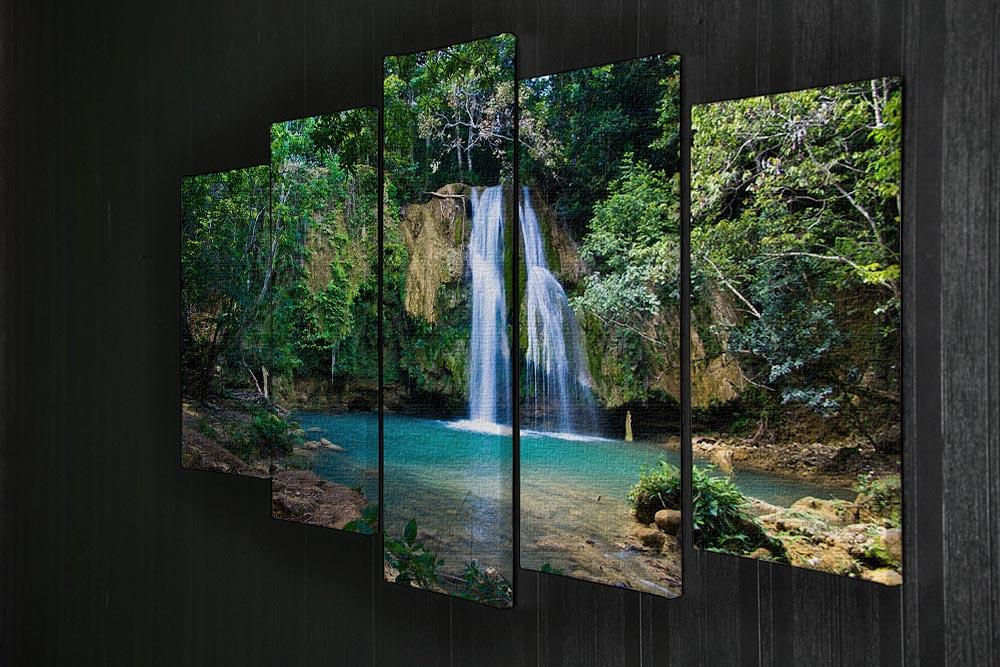 waterfall in deep green forest 5 Split Panel Canvas - Canvas Art Rocks - 2