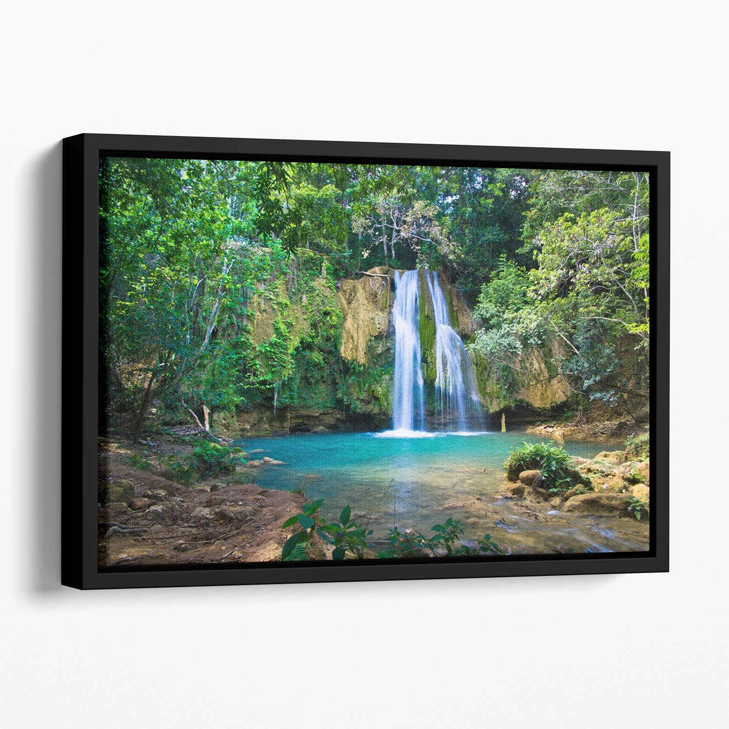 waterfall in deep green forest Floating Framed Canvas