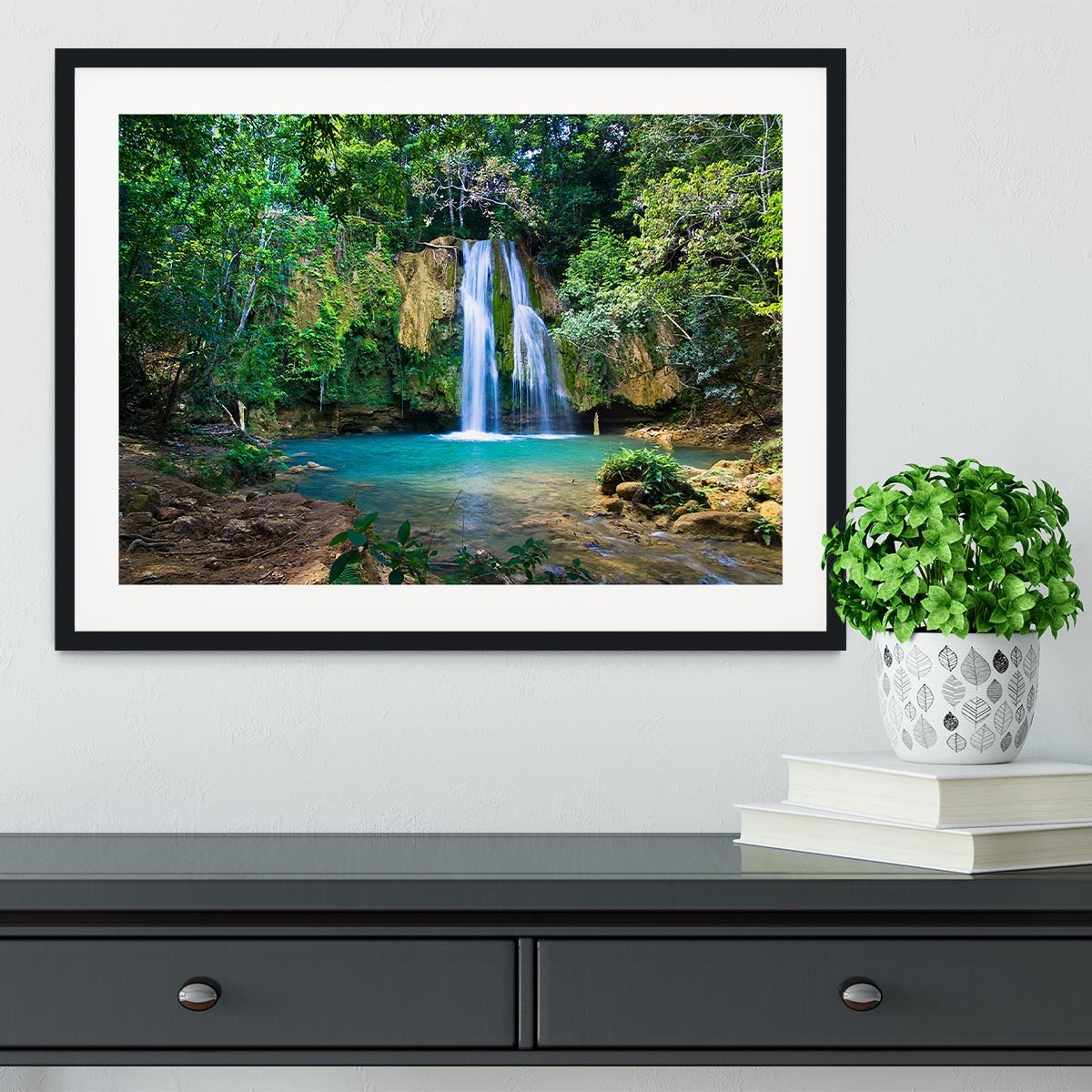 waterfall in deep green forest Framed Print - Canvas Art Rocks - 1