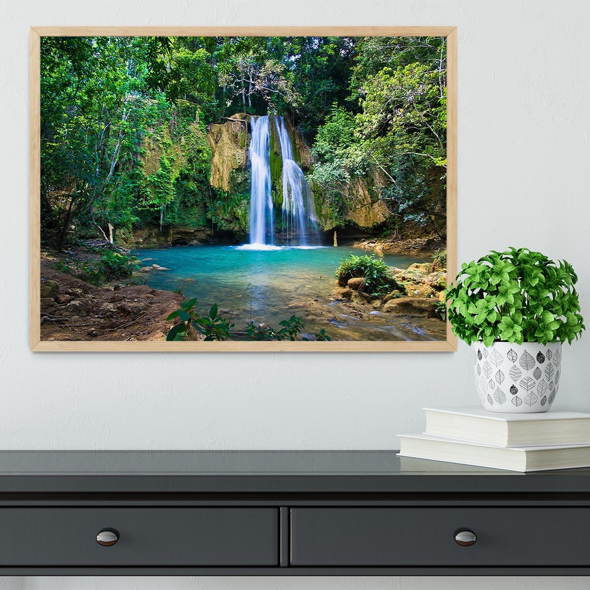 waterfall in deep green forest Framed Print - Canvas Art Rocks - 4