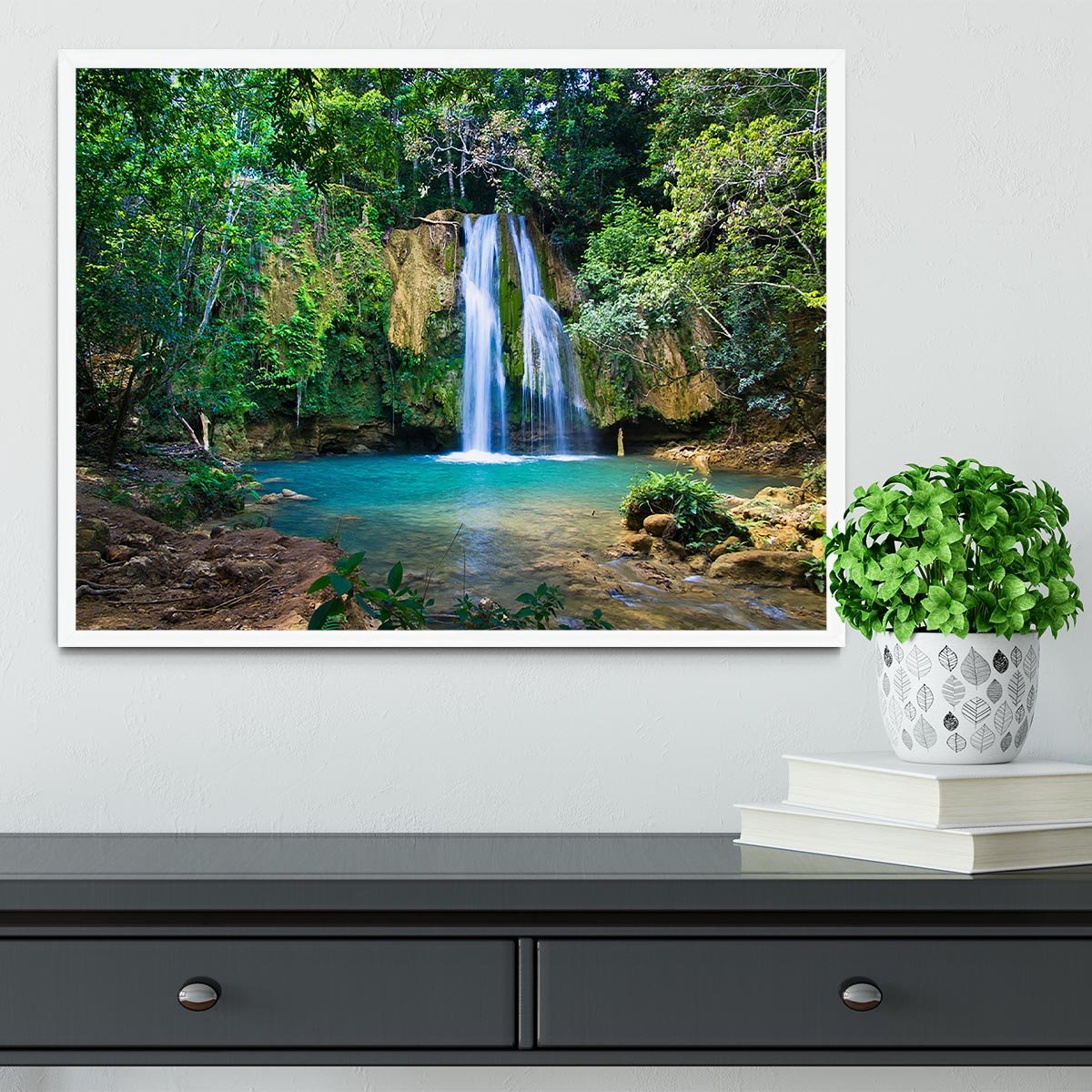 waterfall in deep green forest Framed Print - Canvas Art Rocks -6