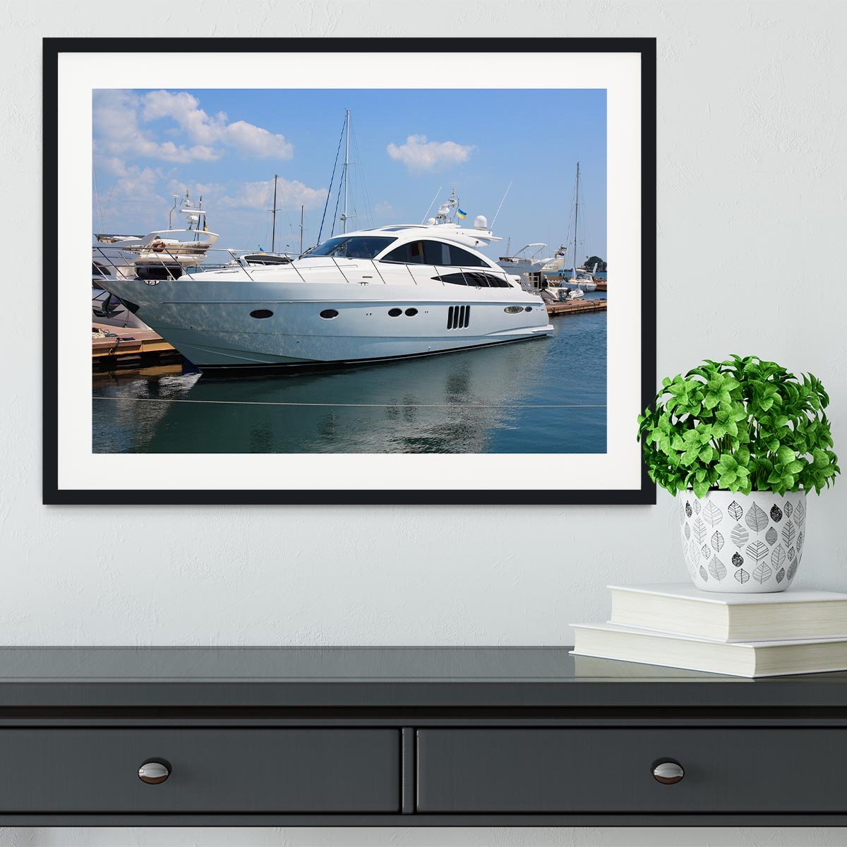 white yacht in marina Framed Print - Canvas Art Rocks - 1