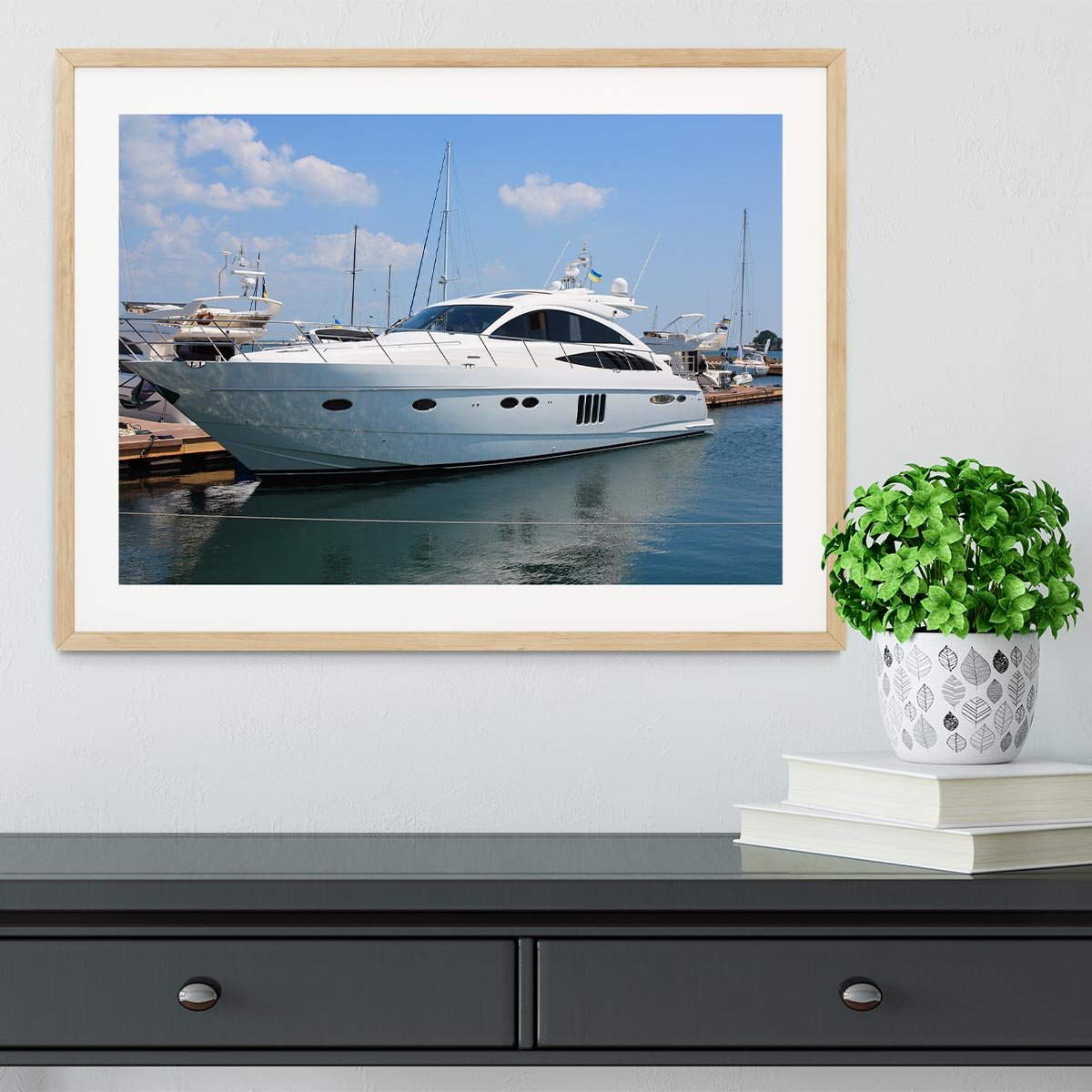 white yacht in marina Framed Print - Canvas Art Rocks - 3