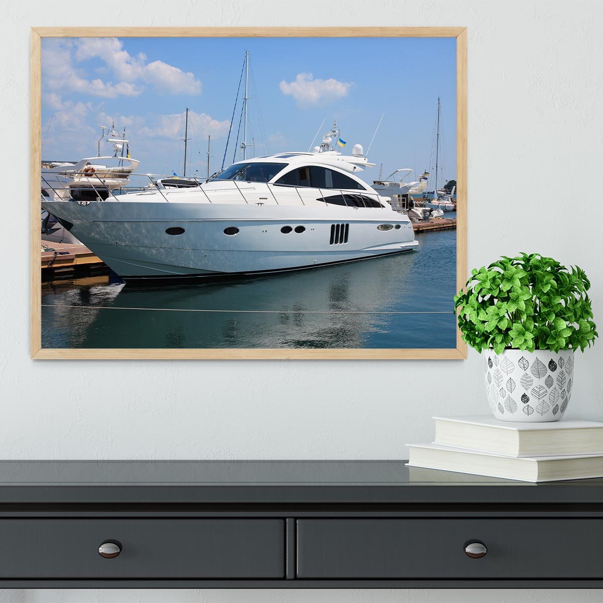 white yacht in marina Framed Print - Canvas Art Rocks - 4