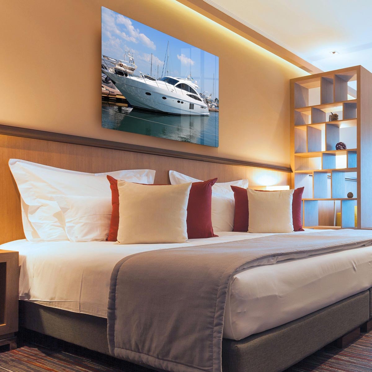 white yacht in marina HD Metal Print