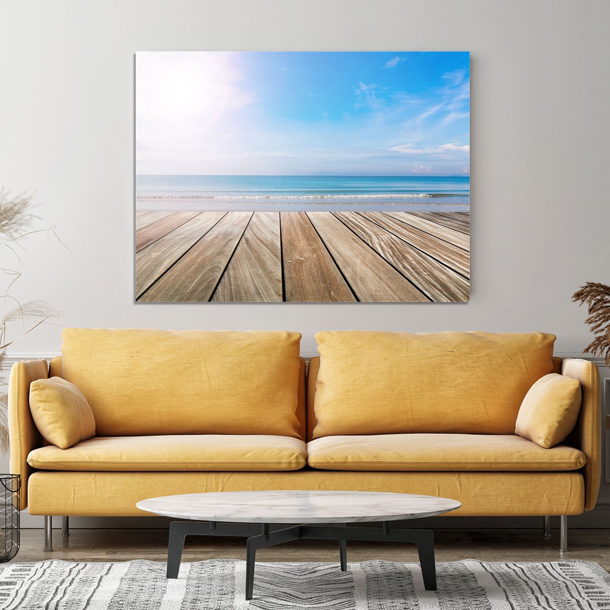 wood terrace on the beach and sun Canvas Print or Poster