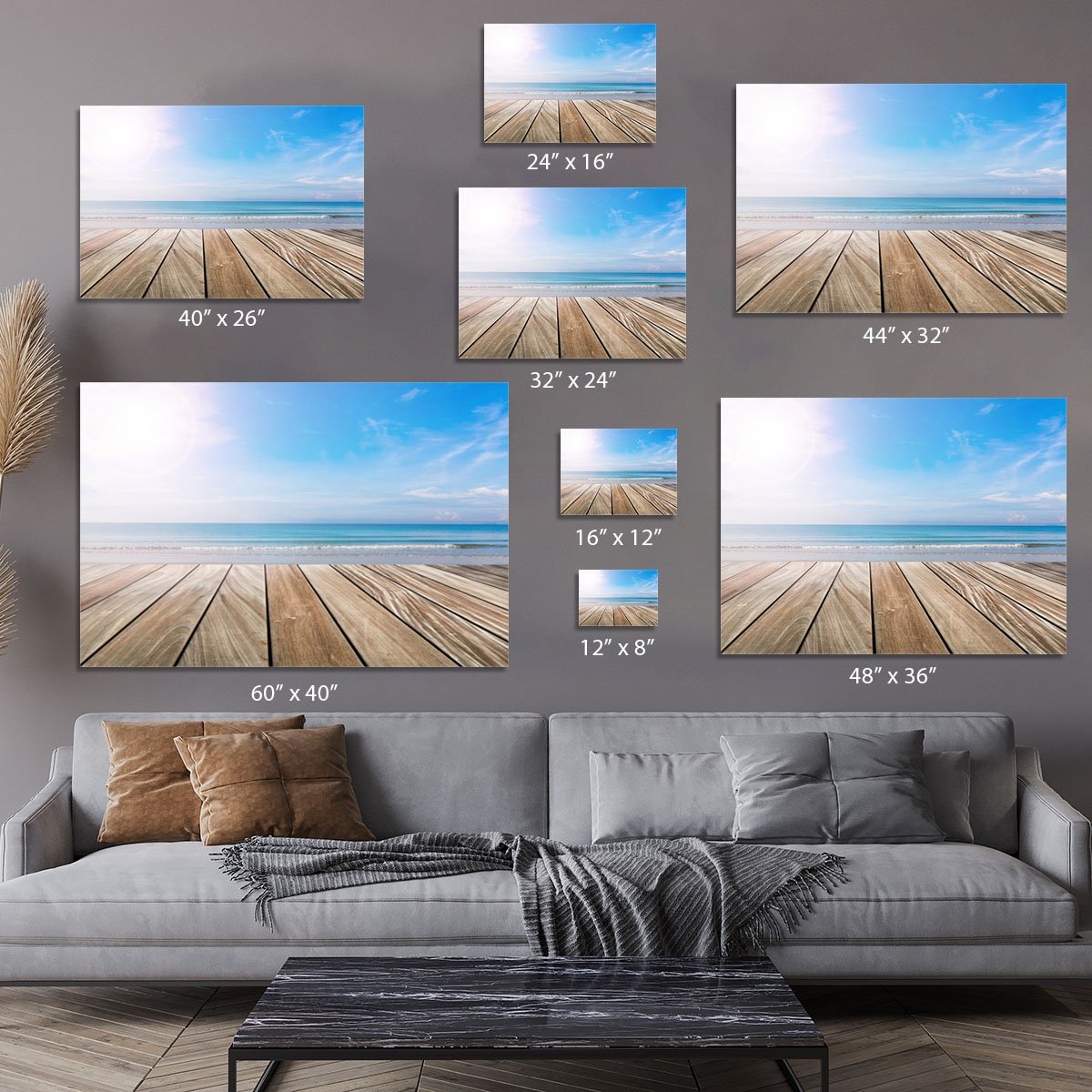 wood terrace on the beach and sun Canvas Print or Poster