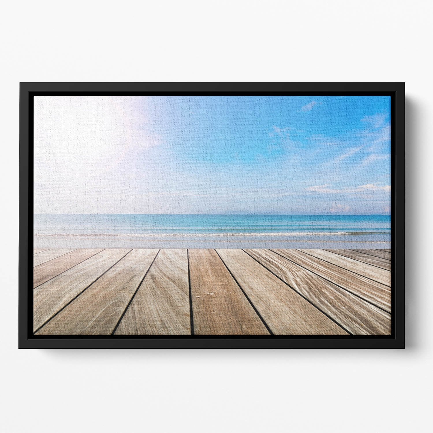 wood terrace on the beach and sun Floating Framed Canvas