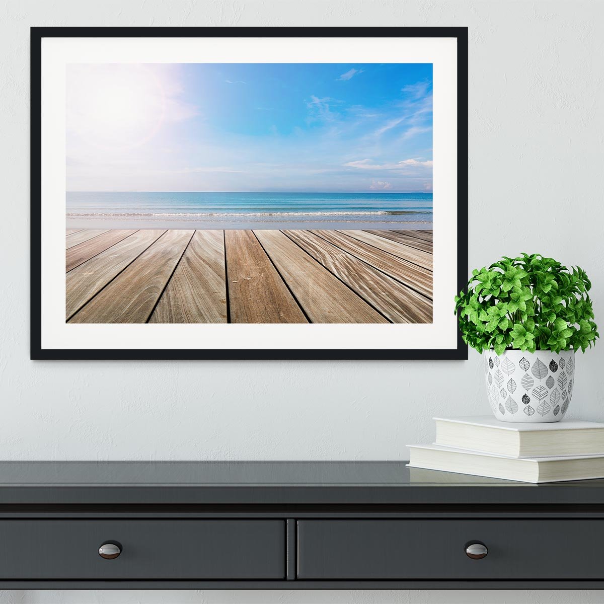 wood terrace on the beach and sun Framed Print - Canvas Art Rocks - 1