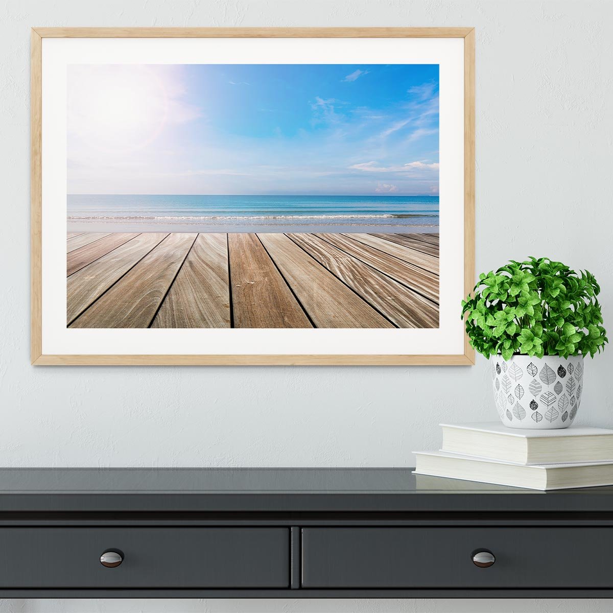wood terrace on the beach and sun Framed Print - Canvas Art Rocks - 3