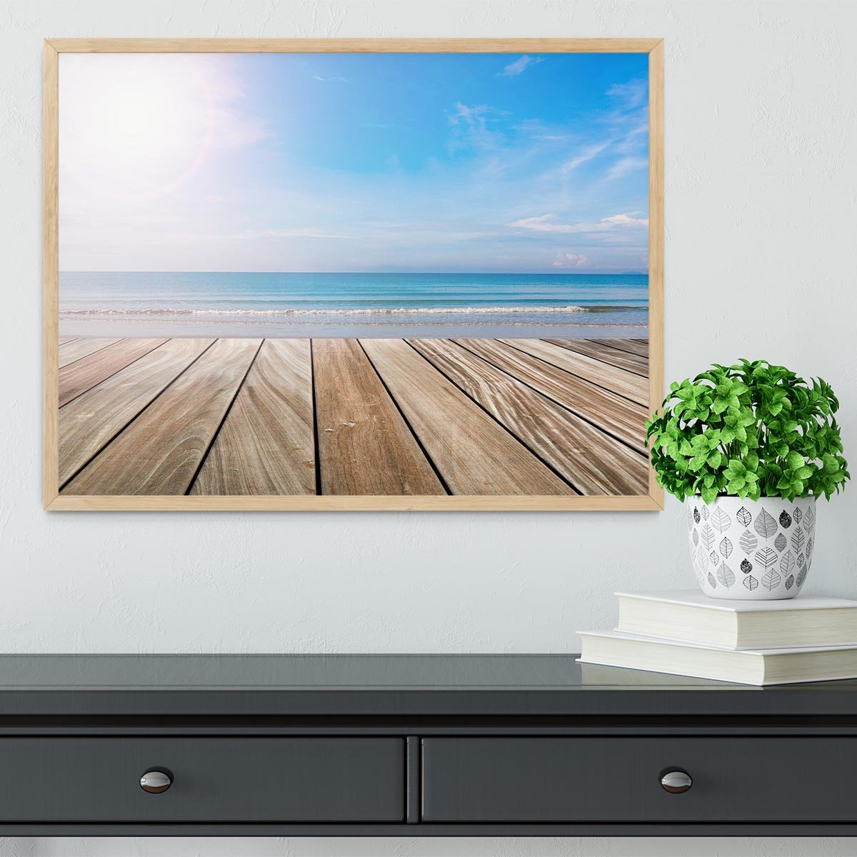 wood terrace on the beach and sun Framed Print - Canvas Art Rocks - 4