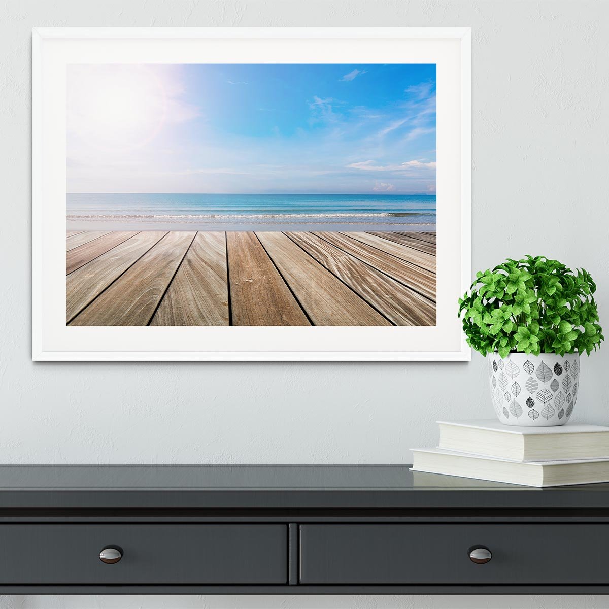 wood terrace on the beach and sun Framed Print - Canvas Art Rocks - 5