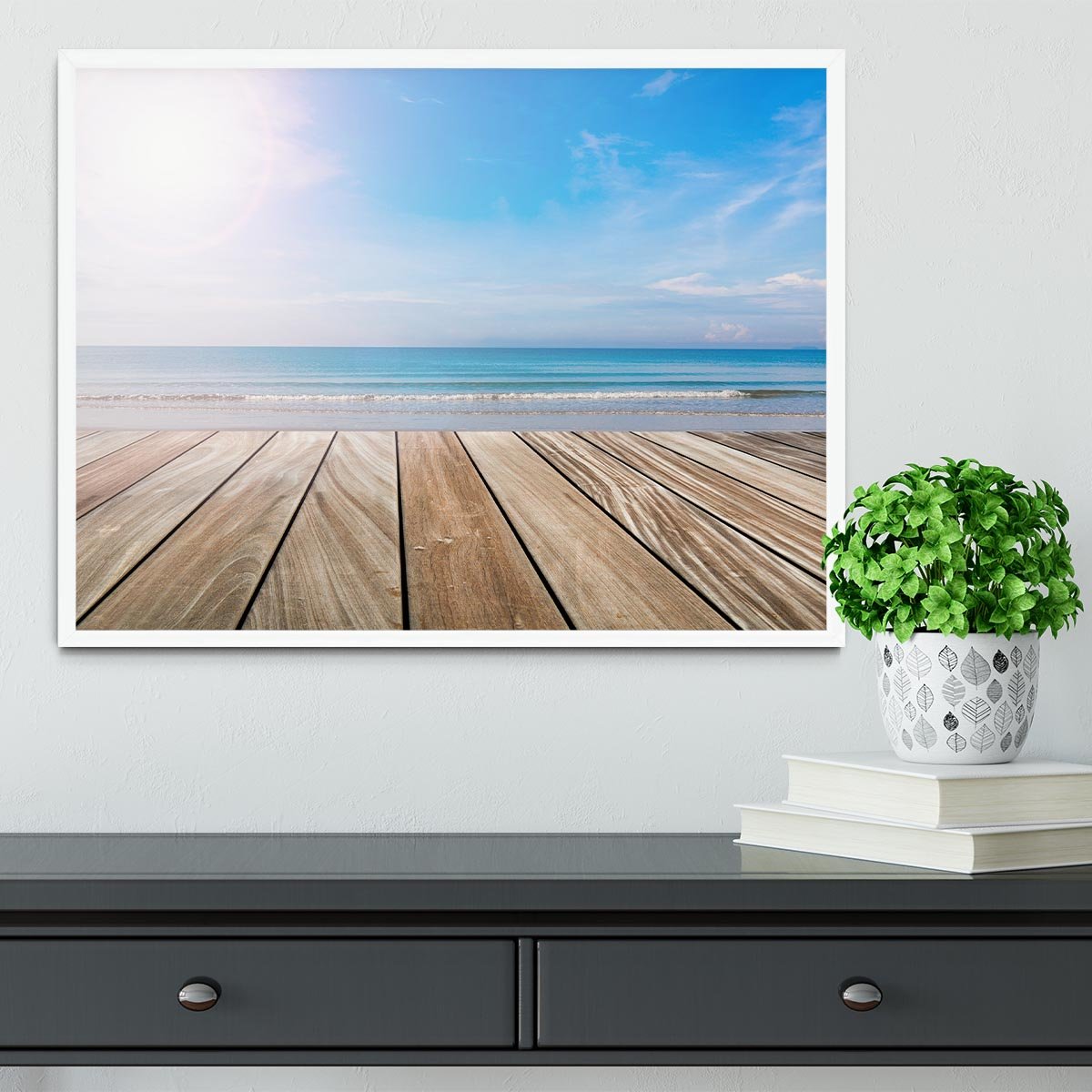 wood terrace on the beach and sun Framed Print - Canvas Art Rocks -6