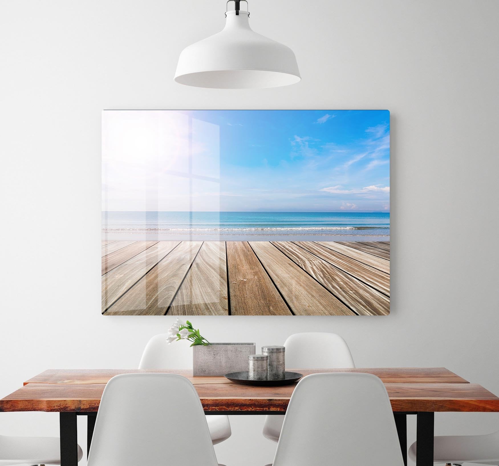 wood terrace on the beach and sun HD Metal Print - Canvas Art Rocks - 2